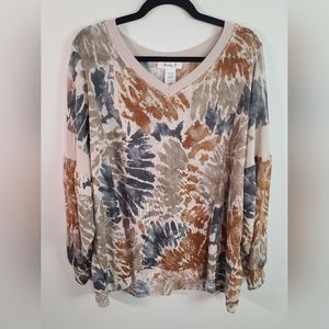 Lovely J Plus Size V Neck Oversized Color Wash Tie Dye Soft Knit Stretch Top